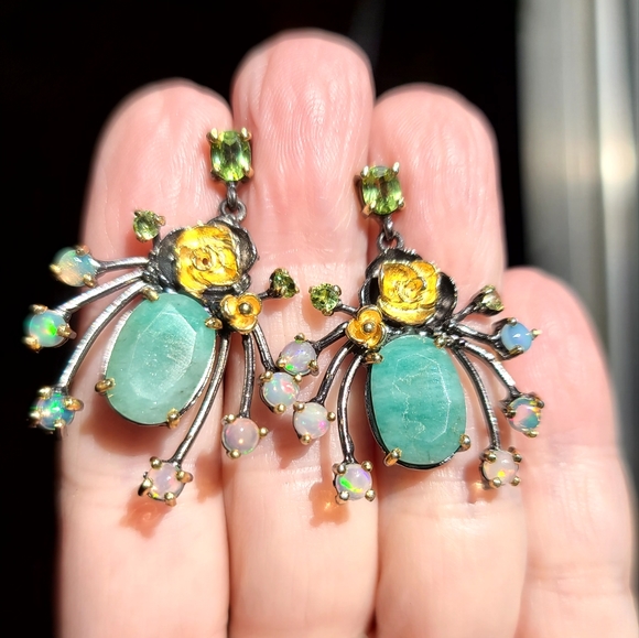 Large Emeral Opal & Peridot sterling & gold dramatic earrings - Picture 3 of 7